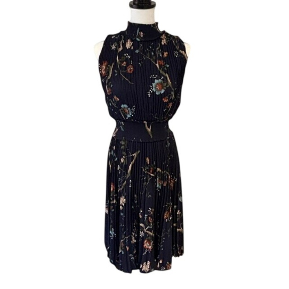 Nanette Lepore Pleated Midi Dress Women 6 Navy Blue Floral Smocked Waist